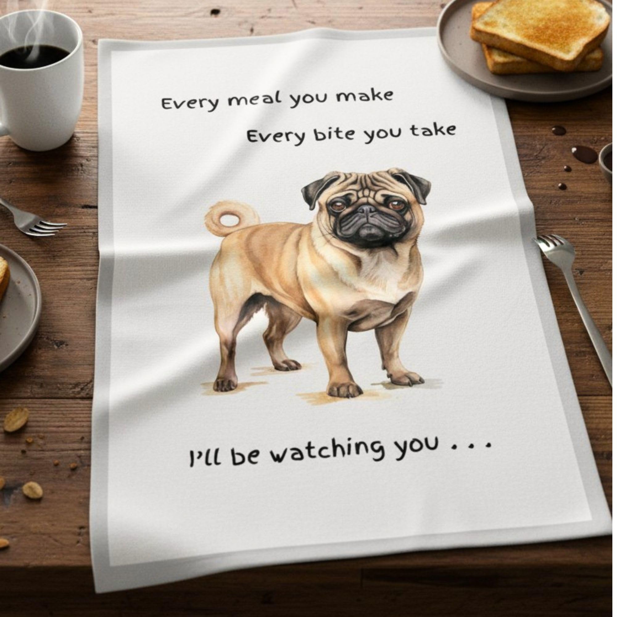 Animal Crackers - Pug Tea Towel - Cotton - White - 68cm