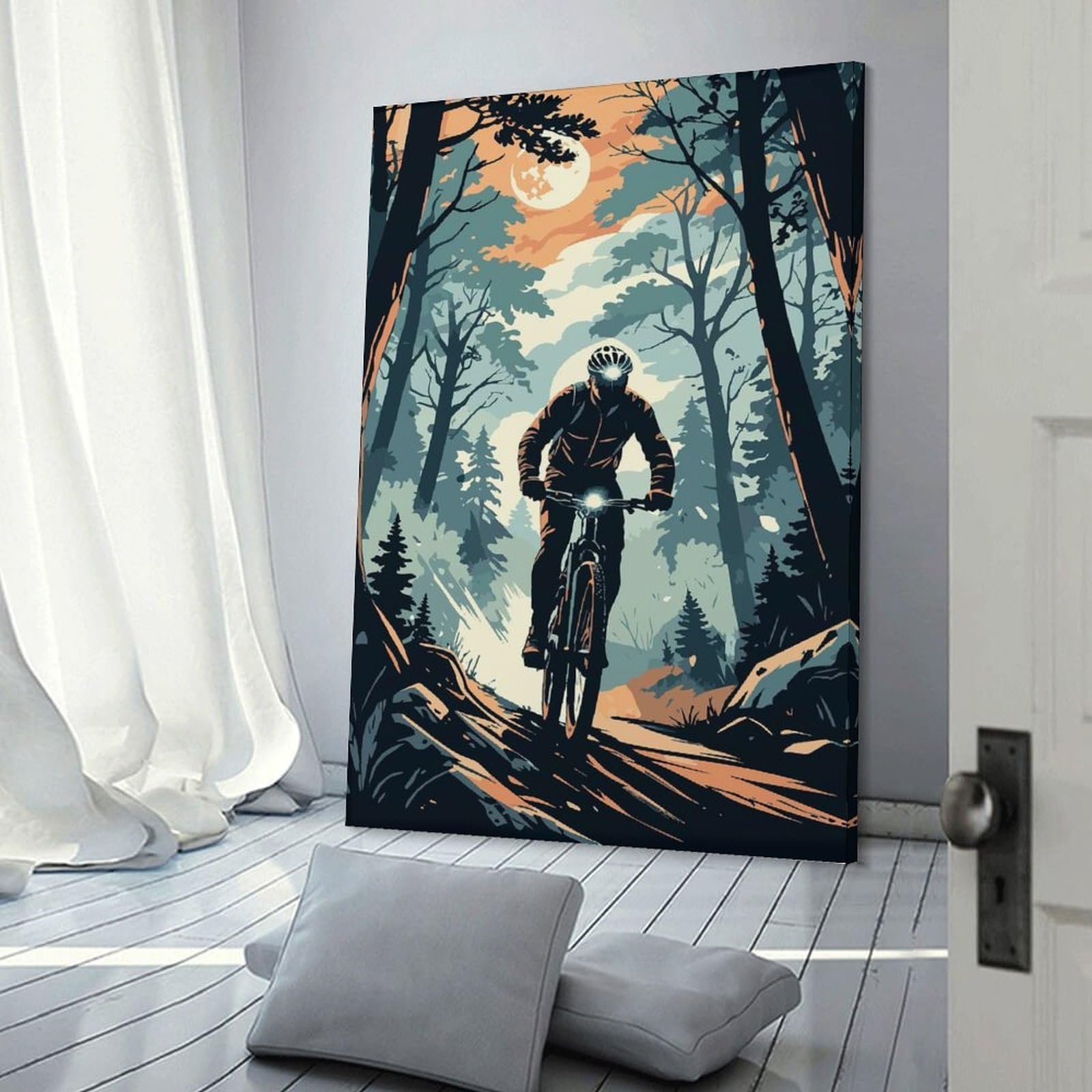 Junmoney Mountain Biker in Forest Illustration Canvas Wall Decor 12x18inch(30x45cm), for Calm Bedrooms, Home Corners Or Flats, An Easy Wall Refresh for Bedrooms