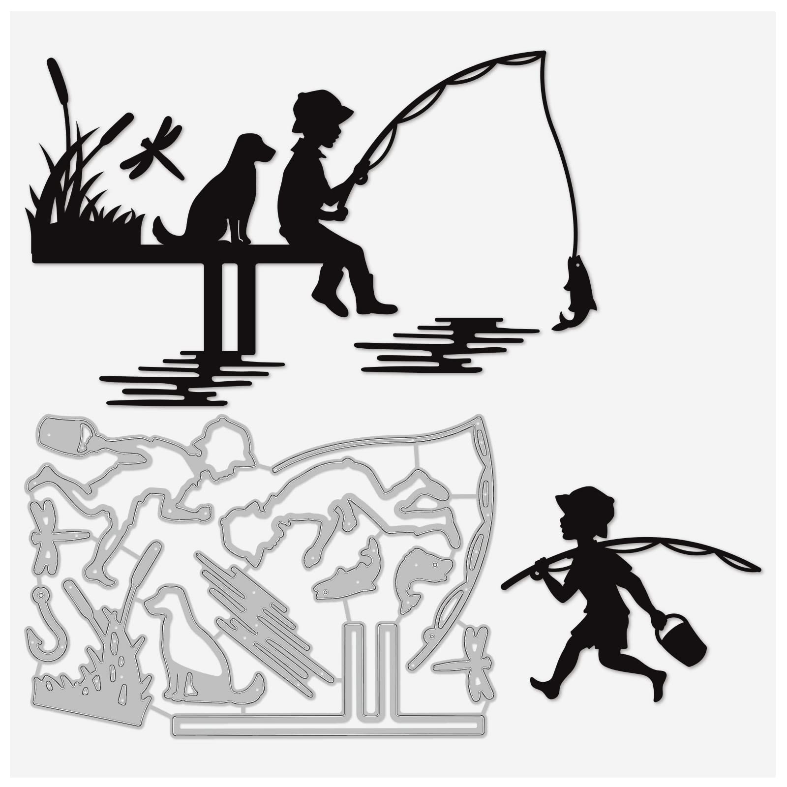 BENECREAT Fishing Cutting Dies, 5.7x3.9inch Fish Grass Dog Dragonfly Pattern DIY Metal Scrapbook Die Cuts for Scrapbooking, Photo Album, Paper Card,