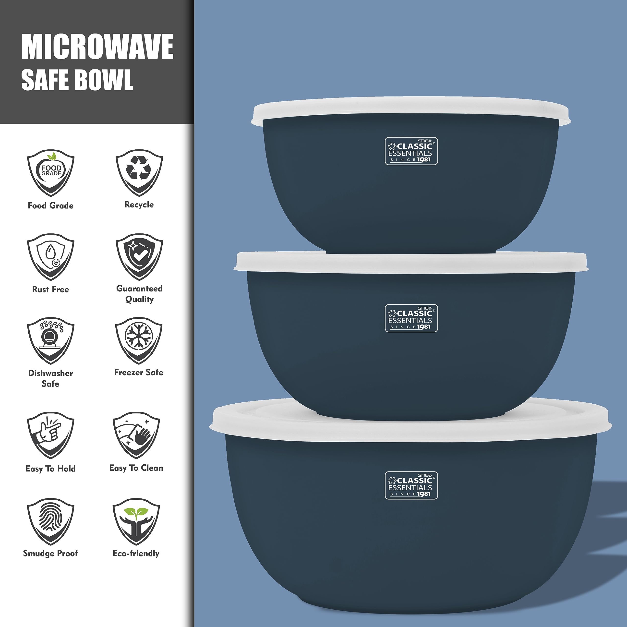 CLASSIC ESSENTIALS Stainless Steel Microwave Safe Mixing Bowls Set with Lid | Food Serving and Storage Containers | Scratch Resistant | Set of 3 (500 ml, 750 ml & 1250 ml) Blue 1