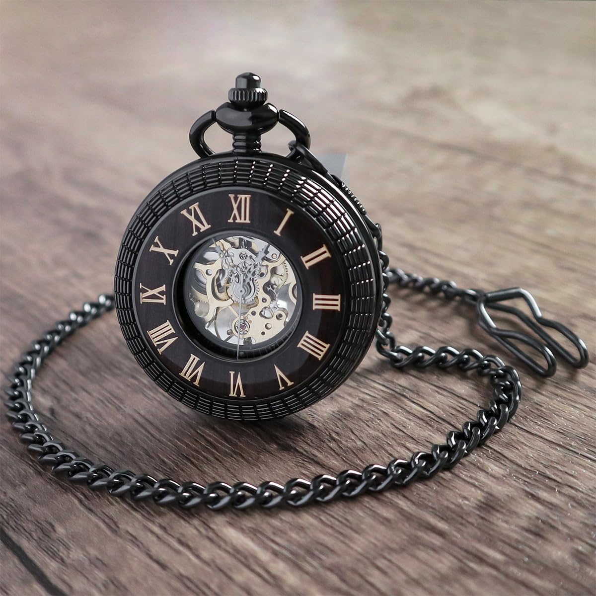 VIGOROSO Reloj de bolsillo mecánico para hombre, estilo vintage, steampunk, diseño hueco de grano de madera, con cadena y caja