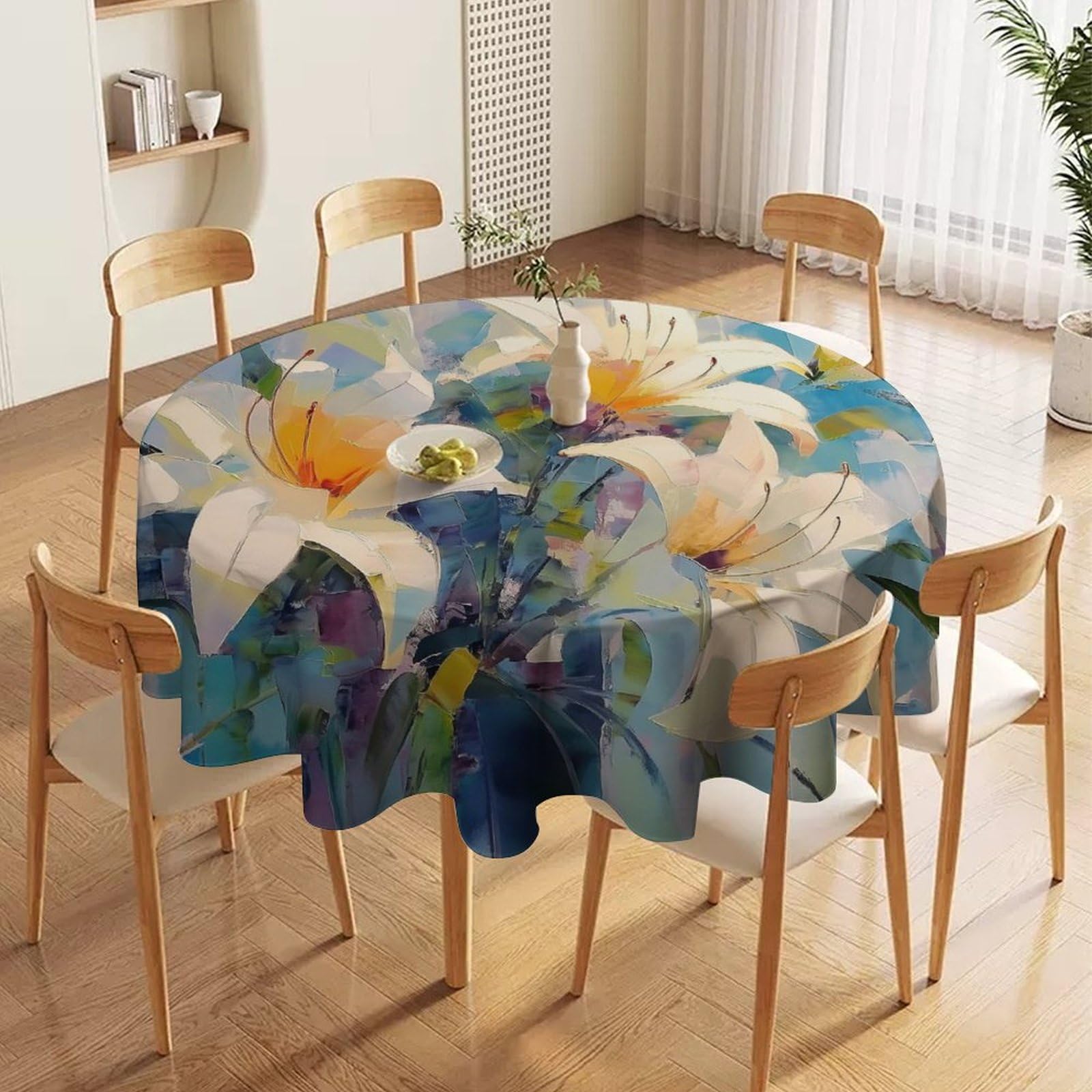 ORDOBO 3D Print Round Tablecloth - Blue Flowers Fashion Waterproof Dust-Proof Table Cover For Dinner Kitchen Holiday Home Protect Table Decoration 127X127Cm