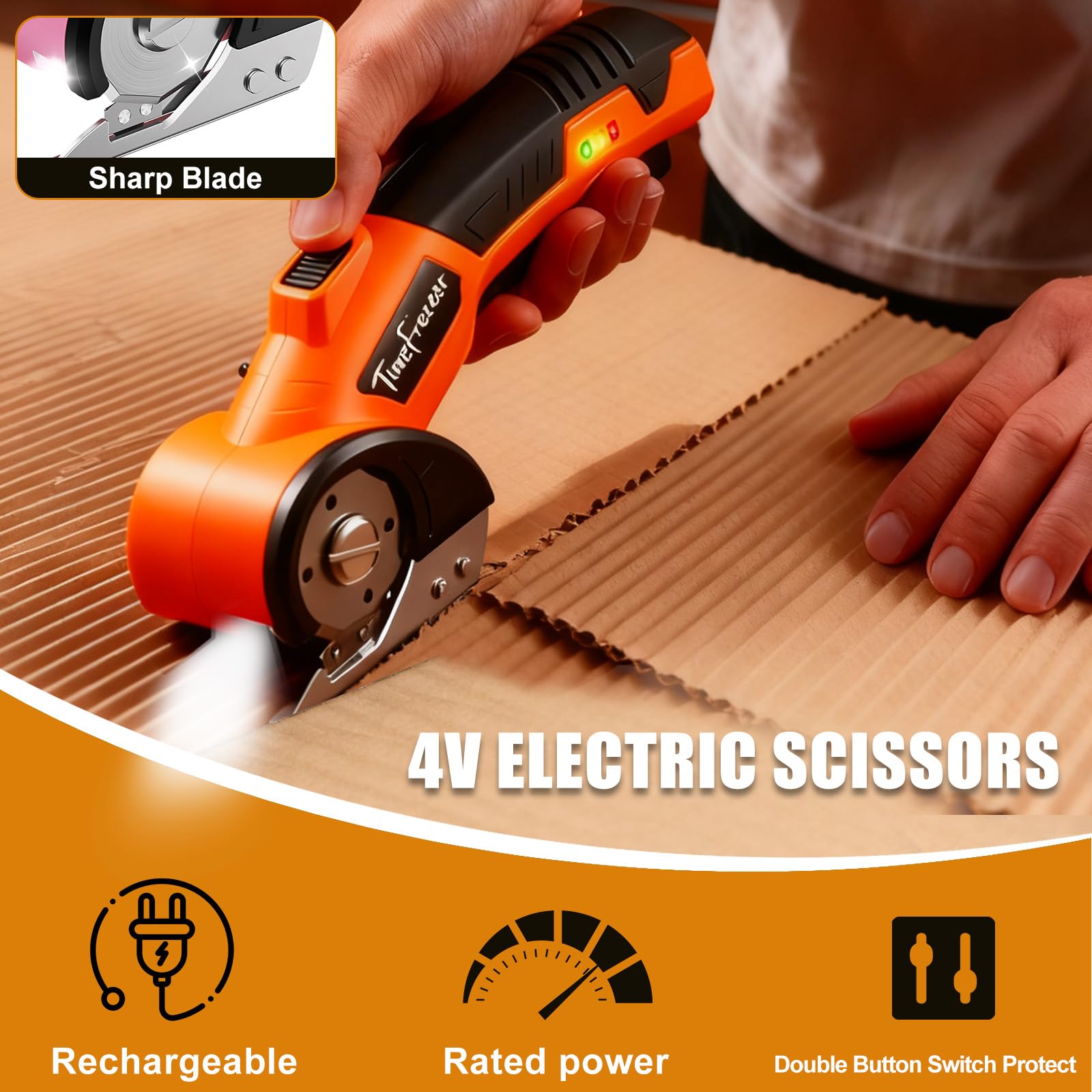 Cortador de cartón eléctrico, ancho 3,3 cm, longitud 23 cm, tijeras de cartón recargables adecuadas para parper, caja, cuero, tela, alfombra, ampolla de plástico, bloqueo de seguridad y luz LED