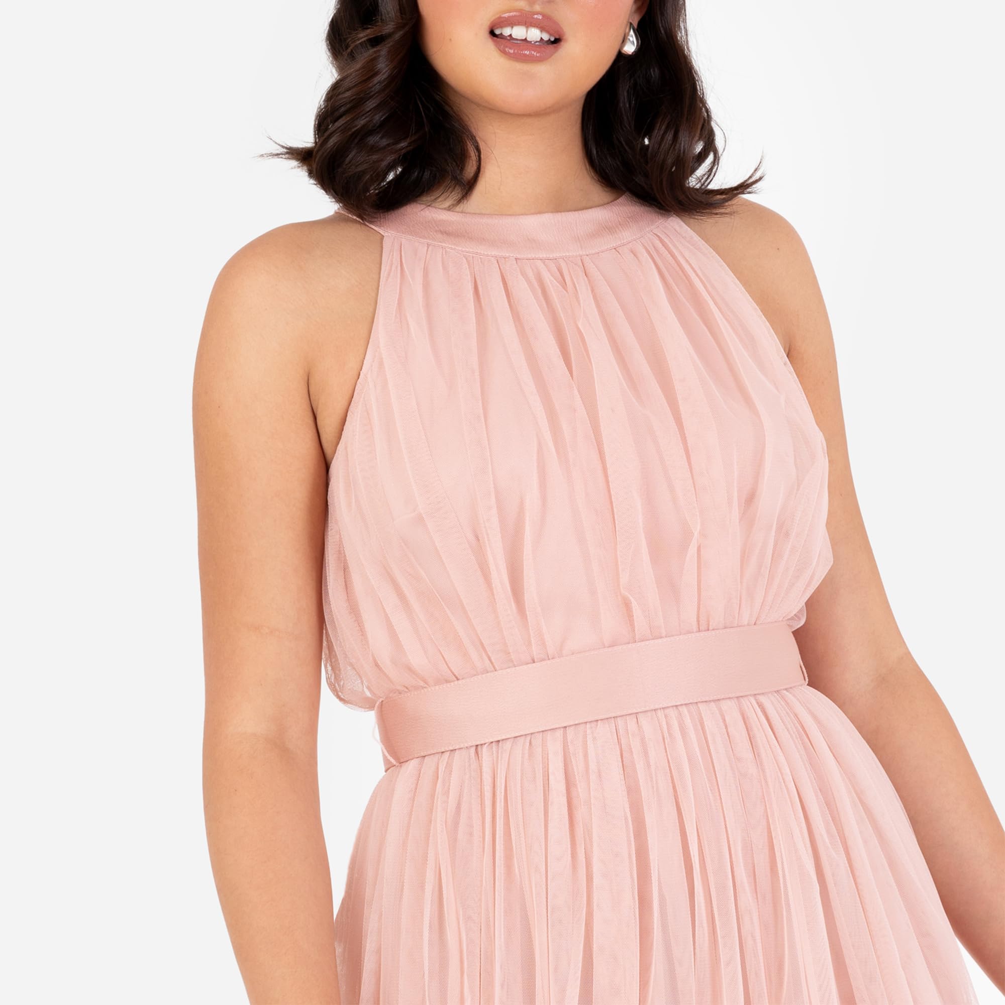 Anaya with Love Damska sukienka maxi dla kobiet Halter Neck długi rękaw z paskiem Linia Wieczorna Piłka Nożna Prom Wesele Gość Druhna, Jasnobrzoskwiniowy róż 46, Blush Peach, 44