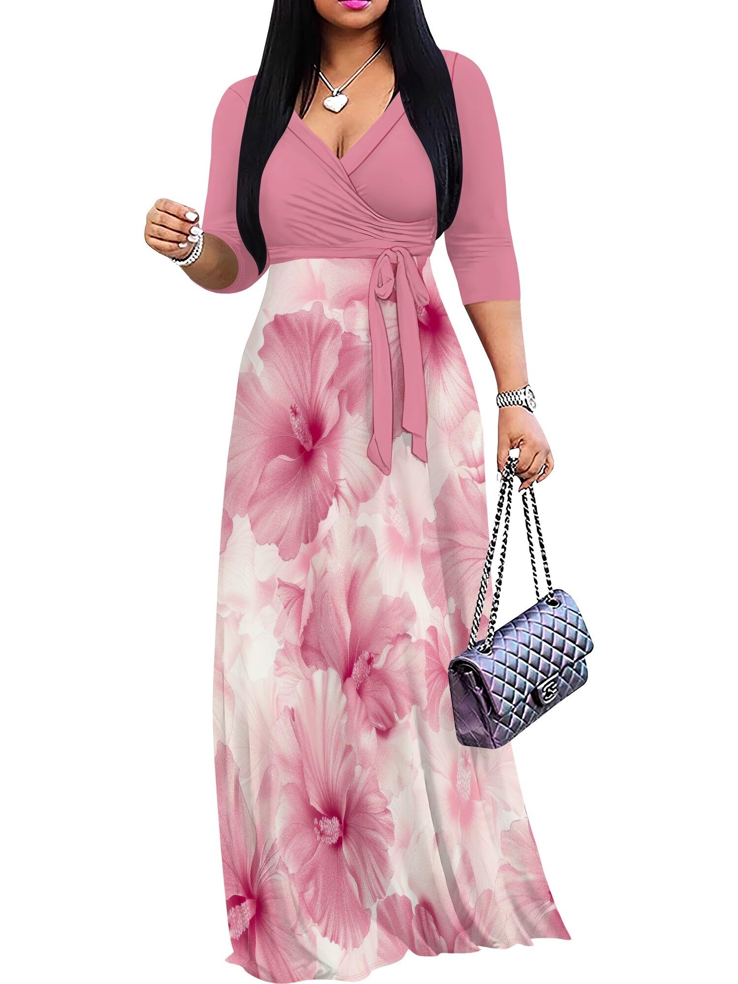 PinkPatty Women's Plus Size V Neck 3/4 Sleeve Boho Maxi Dress with Pockets