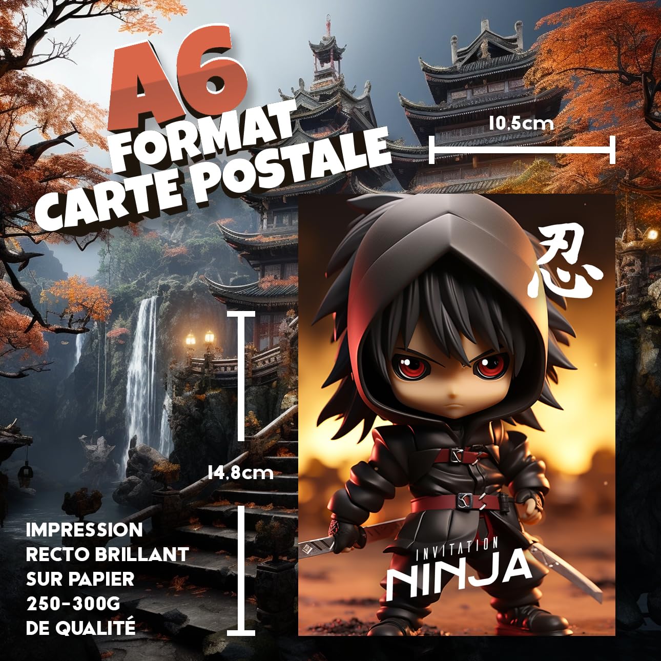 8 Cartes D'Invitation Anniversaire Thème Ninja/Manga + Enveloppes & Autocollants - Texte En Français - Format 14,8x10,5 Cm