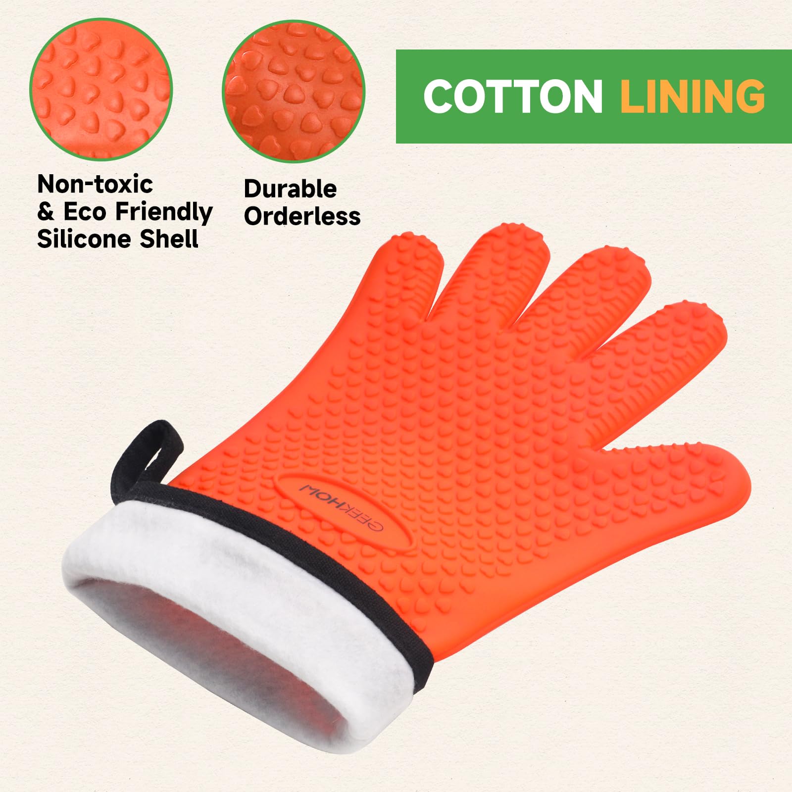 GEEKHOM Guantes Cocina, XL Guantes Horno, Manoplas para Barbacoa Asado BBQ, Resistentes al Calor hasta 230℃ con Silicona Antideslizantes Impermeable, 35.56cm Largo para Proteger El Antebrazo -Naranja
