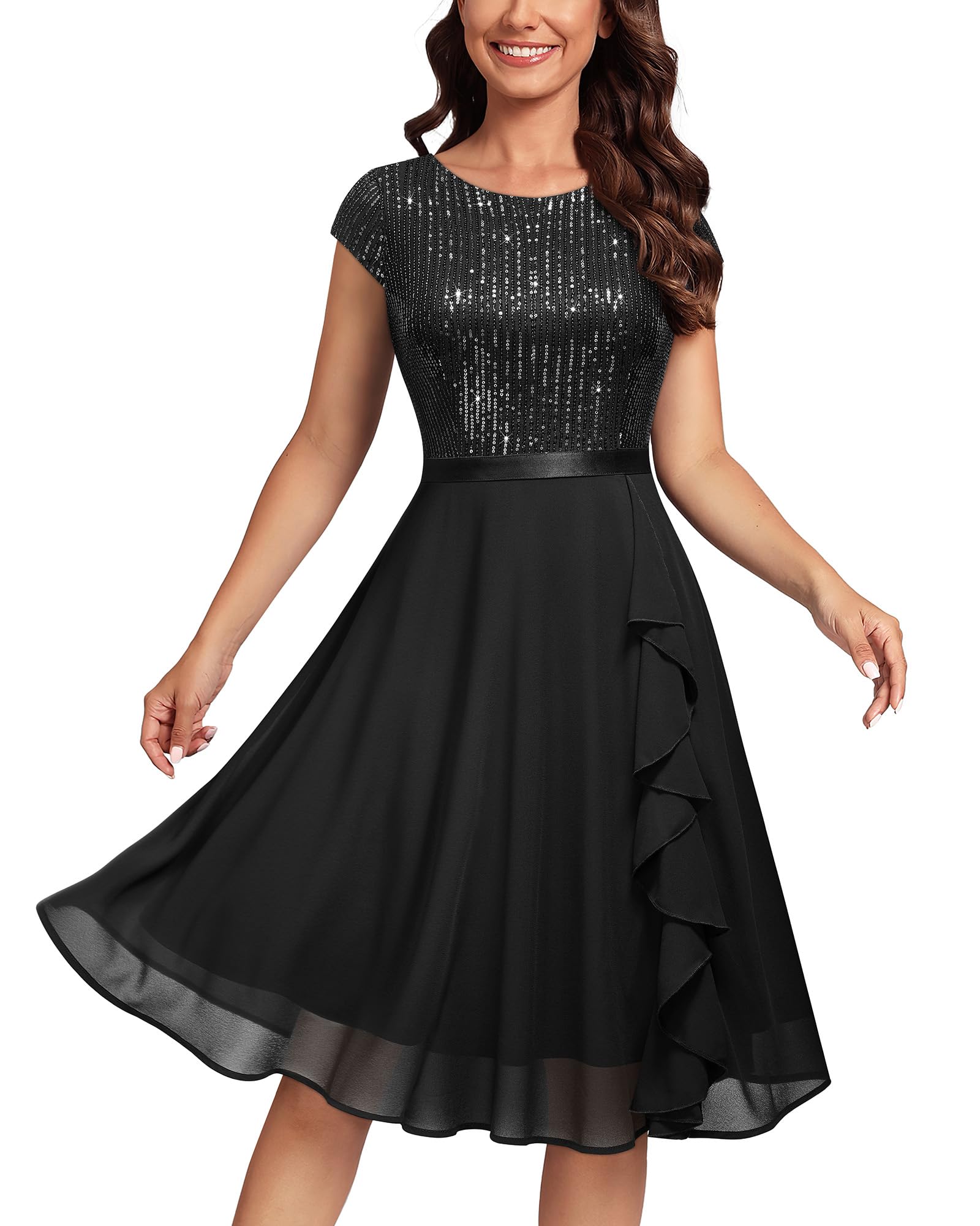 MISSMAYWomen's Elegant Glitter Sequin Ruffle Style Cocktail Prom Dress