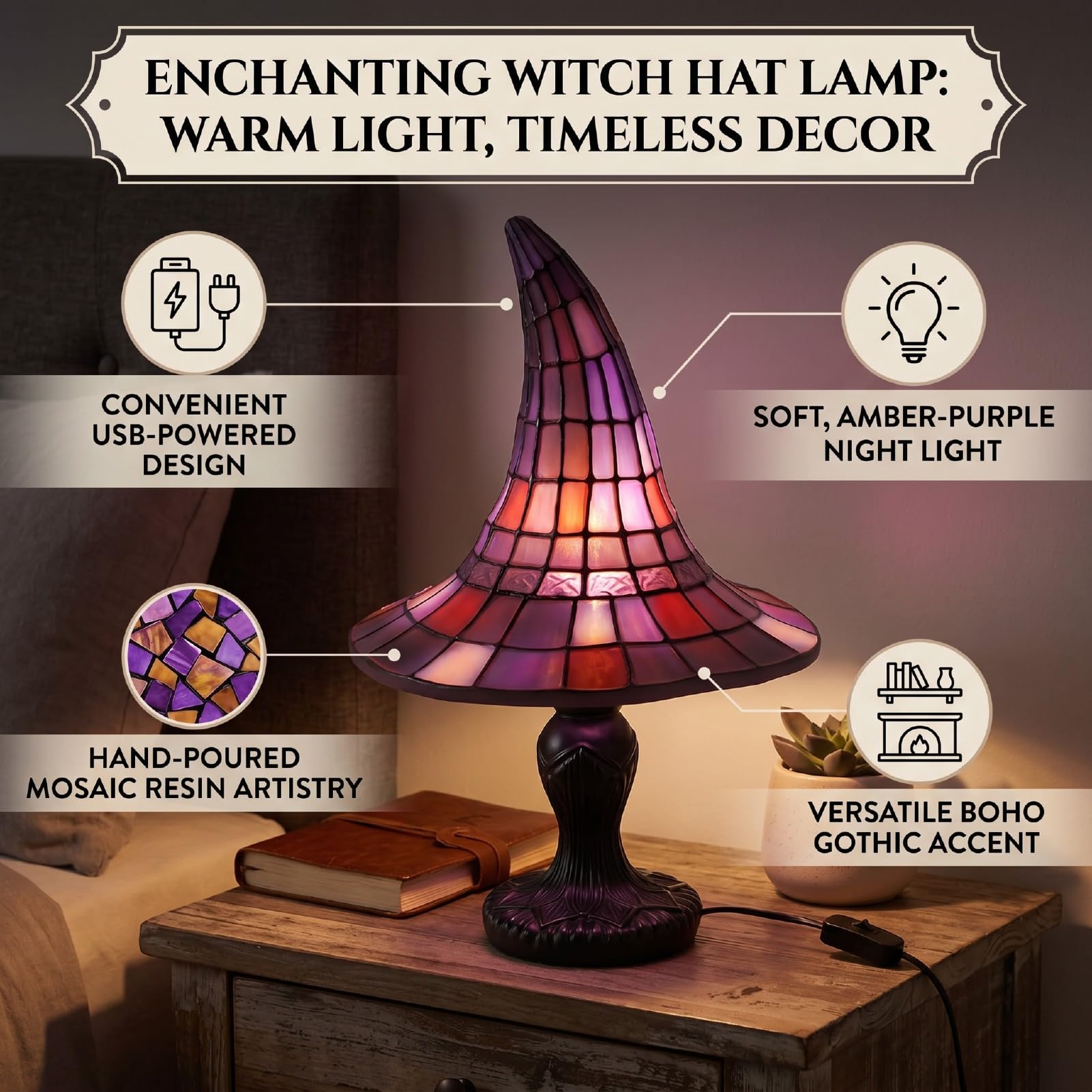 Lampada da Comodino con Cappello da Strega Affascinante Luce Calda (Grande)