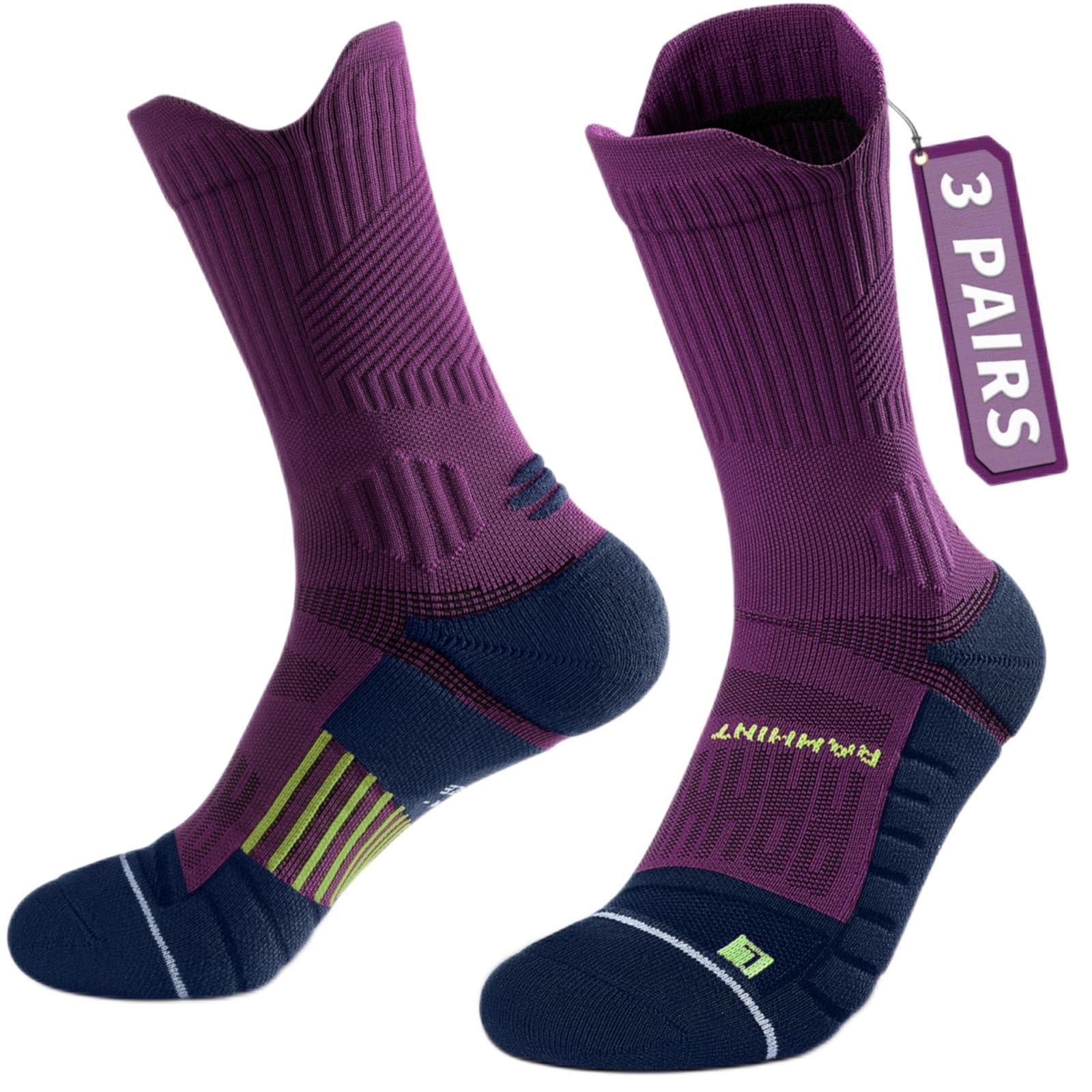 RahhintCompression Running Socks 3 Pairs, Cushion Crew Socks, Anti-Blister Moisture Wicking Athletic Hiking Basketball Socks