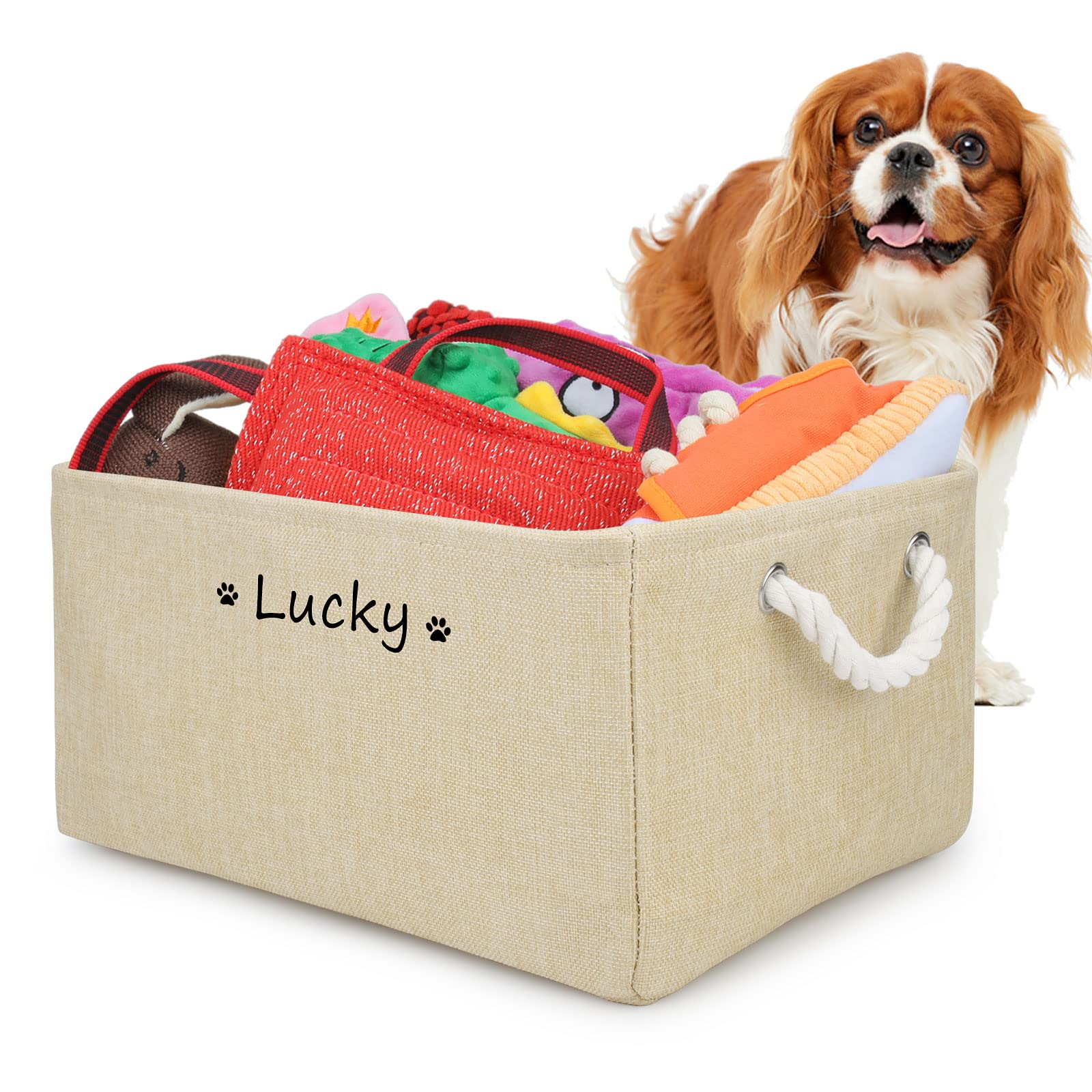 Cuperay Dog Toy Box Basket Storage with Personalized Pet's Name, Foldable puppy toy Bin with Cotton Handle, for Organizing Dog Toys,Dog Clothing & Accessories,Multiple Custom Patterns Optional(Beige)