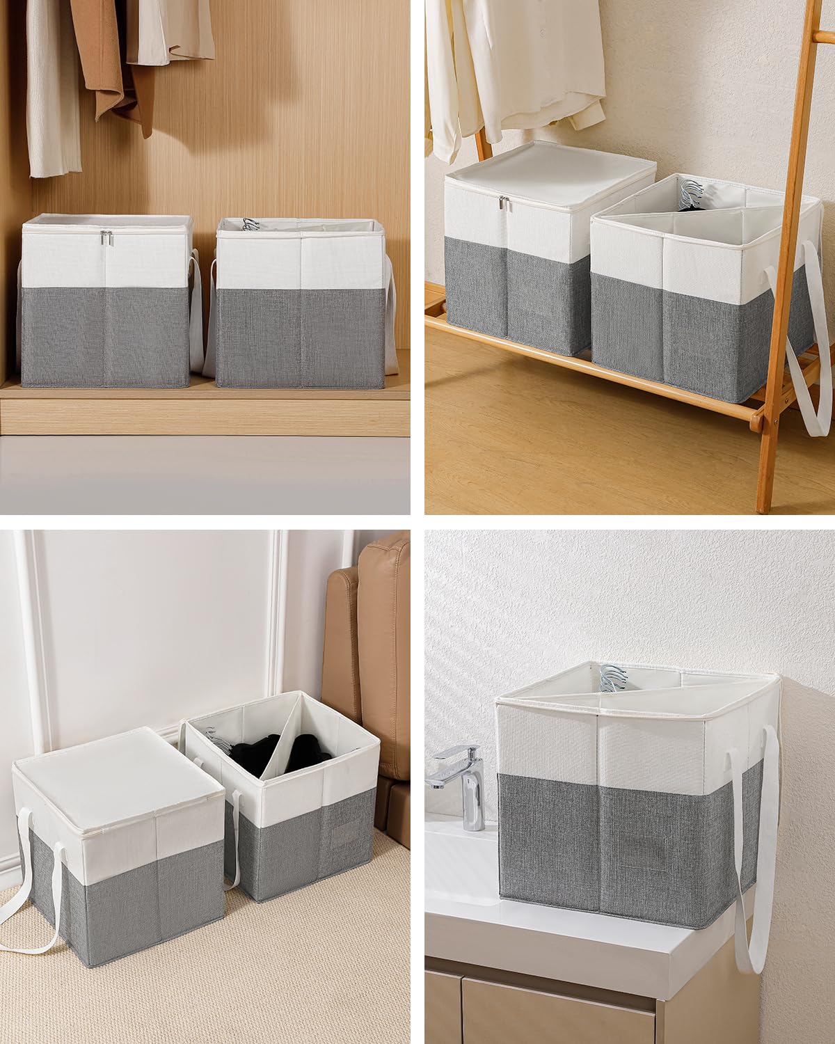Kleiderbügel-Organizer-Tasche, starre Kleiderbügel-Aufbewahrungsbehälter mit Deckel, groß, staubdicht, stabile Kleiderbügel-Organizer-Box mit Griff, Grau/Beige, 2 Packungen
