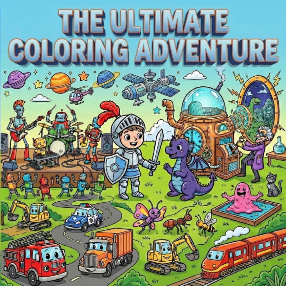 The Ultimate Coloring Adventure: 60 Fun Coloring Pages for Kids featuring Robots, Dinosaurs, Vehicles, Space Scenes, and more!