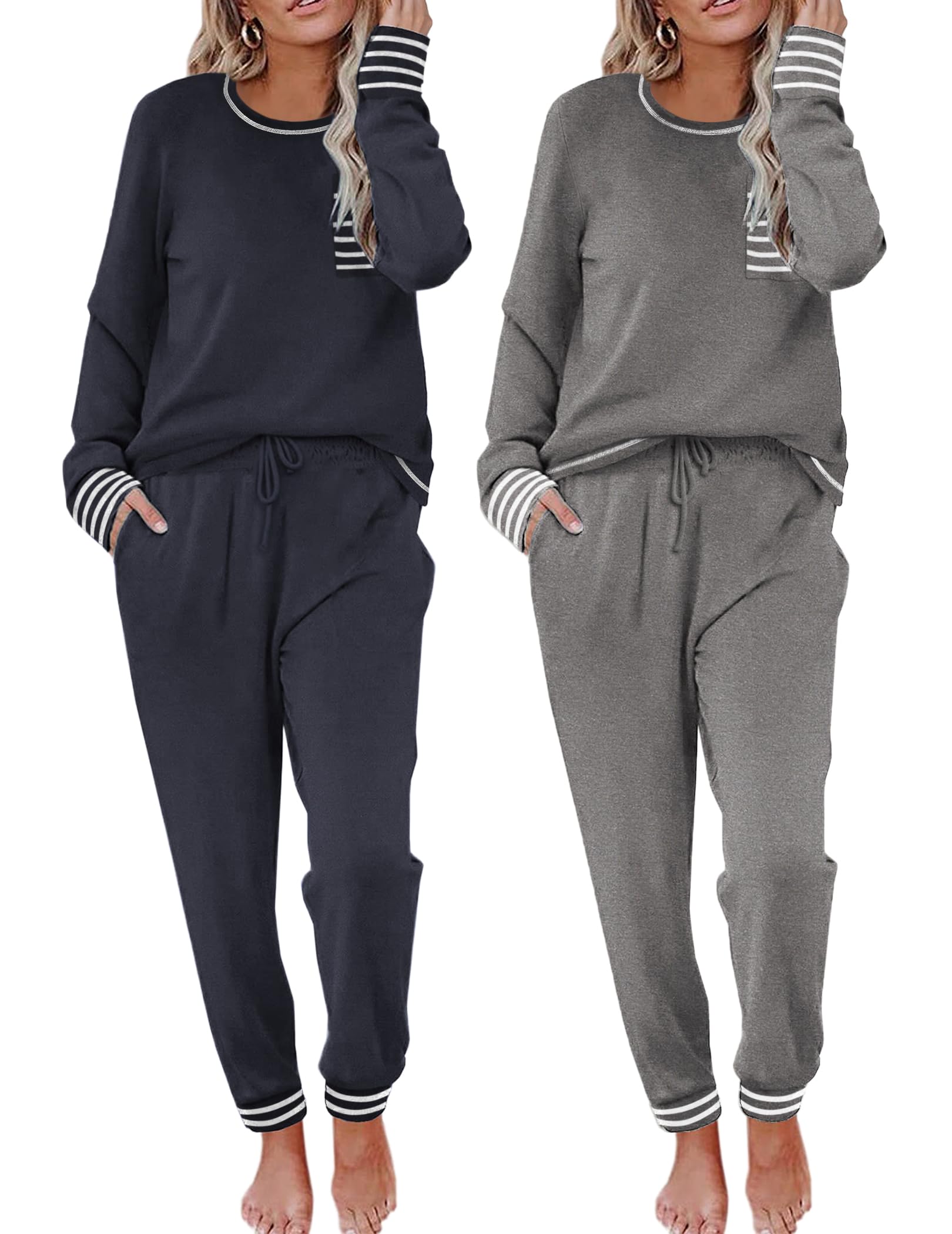 Ekouaer 2 Pack Womens Pajama Sets Long Sleeve Lounge Sets Soft Pj Loungewear Sleepwear