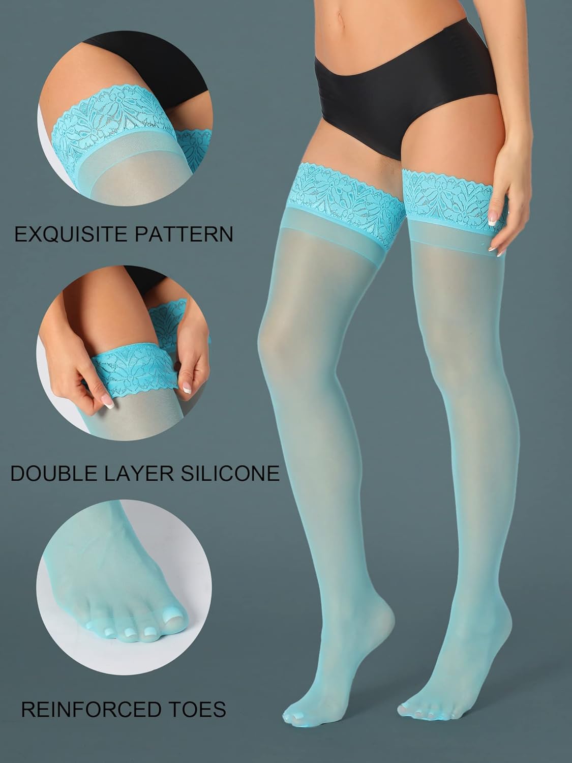 HONENNA 2 Pairs Sheer Thigh High Stockings, 17+ Colors Stay Up Lace Top with Anti-Slip Silicone for Women - Image 6