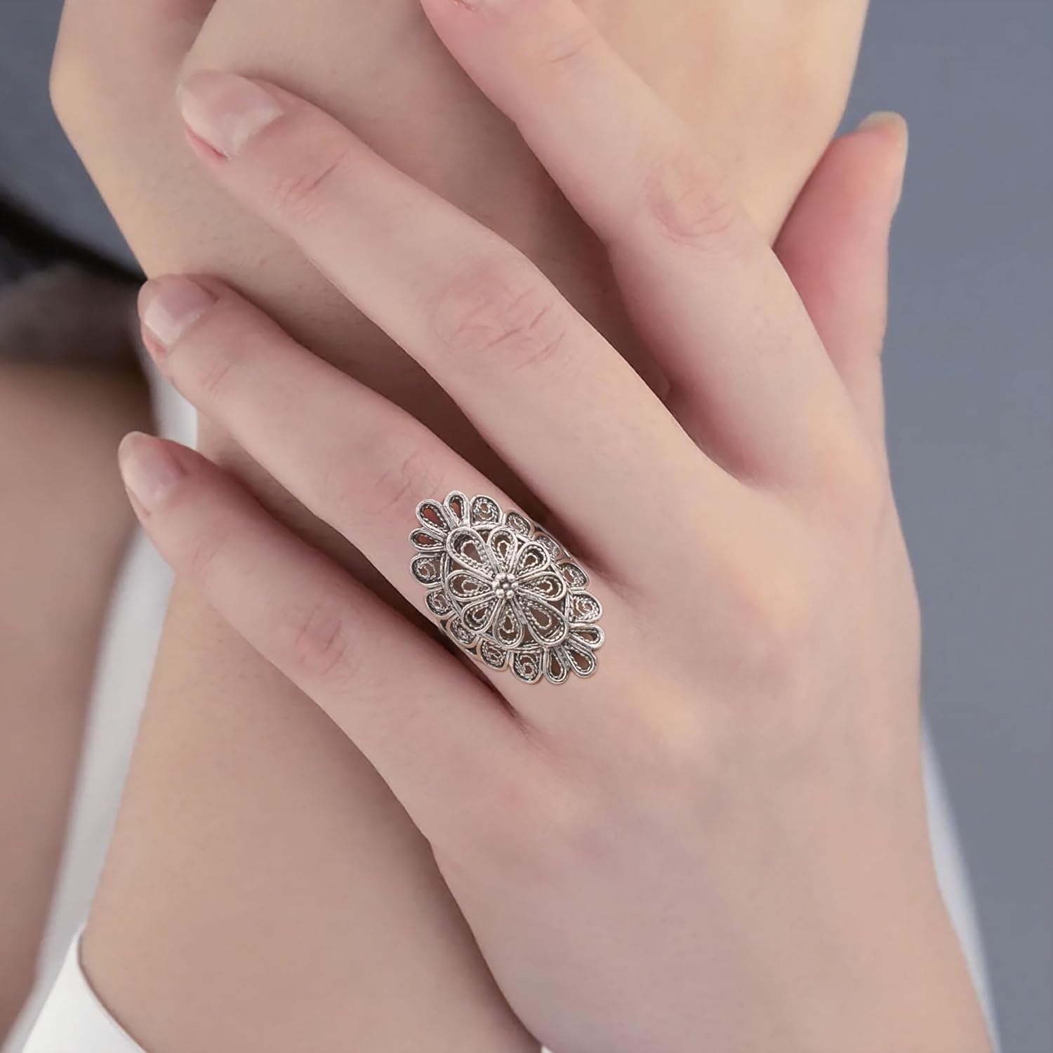 Filigranist 925 Sterling Silver Filigree Art Lace Embroidery Detailed Women Long Statement Ring