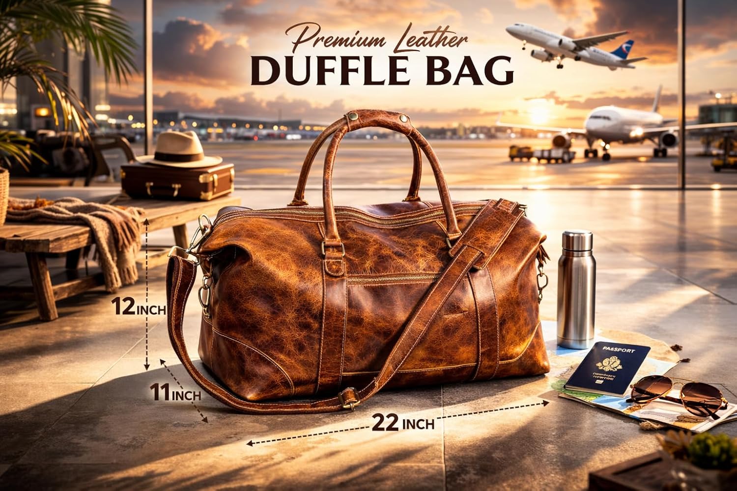 DEBKIN JOURNEY 22 Inch Top Grain Buffalo Leather Duffle Bag for Men & Women - Cabin friendly Weekend Bag Sports Gym Airplane Carry on Overnight Duffel