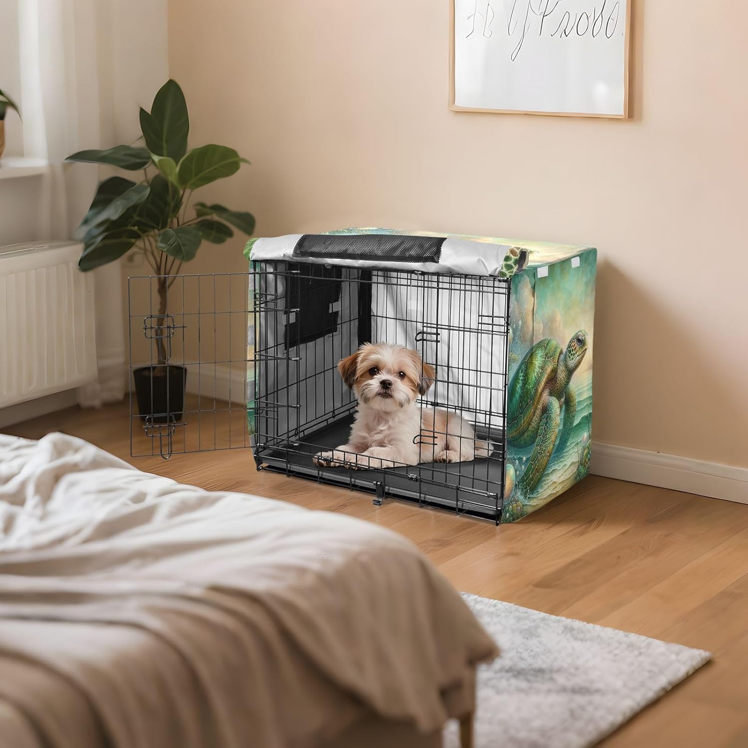 Fantasy Vintage Sea Turtle Pet Cage Cover with Openings, Water-Resistant Water-Resistant Dog Crate Cover, Large