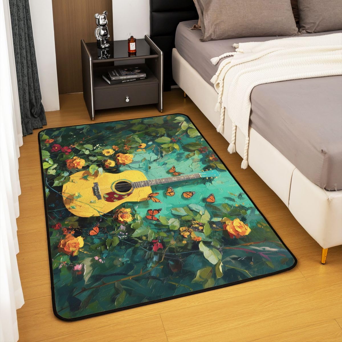 Homewish Tappeto con chitarra musicale, 100 x 150 cm, per camera da letto | Tappeto con motivo floreale e chitarra, per soggiorno, tema musica rock, non perde pelo, verde, stile vintage