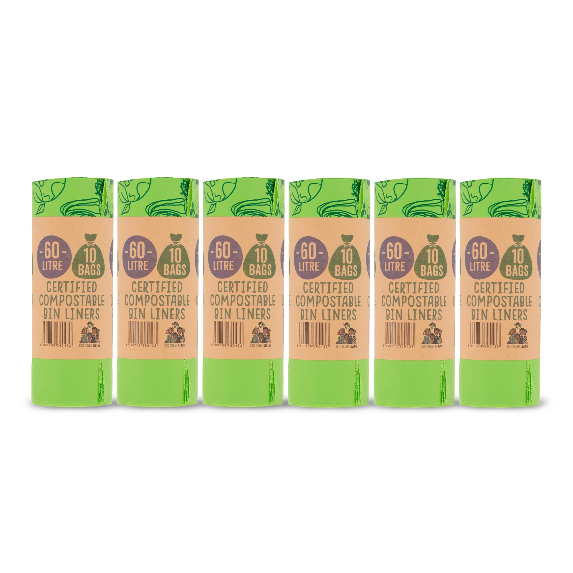 Eco Green Living Sacchi per la spazzatura biodegradabili e compostabili al 100%, 60 litri, per rifiuti alimentari, sacchi alti resistenti,a prova senza BPA, riciclabili, 6 rotoli, 60 sacchetti