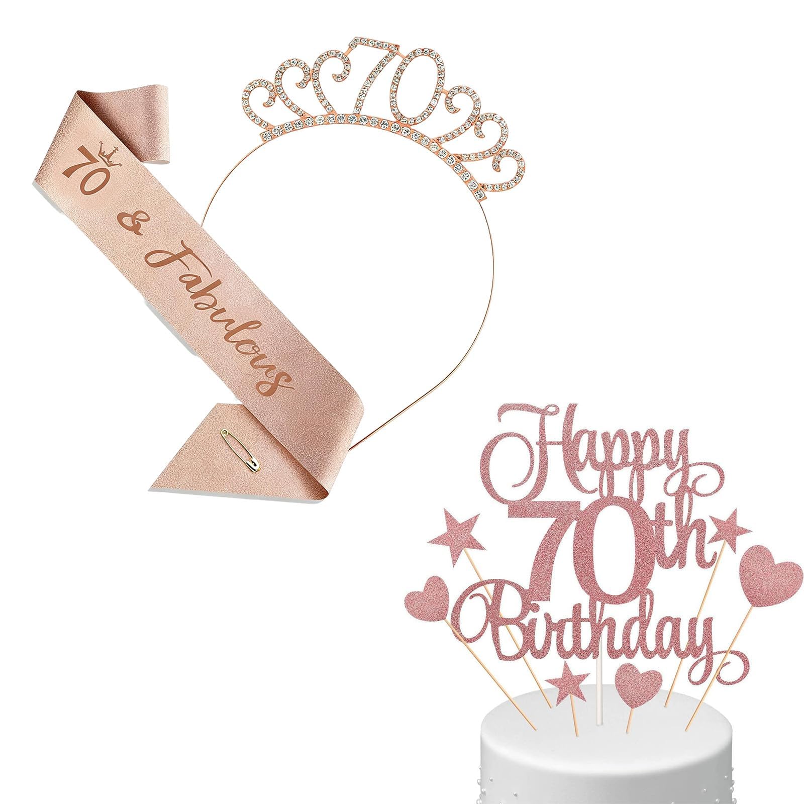 3 Pcs 70th Birthday Sash For Women and Tiara Cake Toppers Set, 70th Birthday Decorations for Women, 70th Birthdays Gifts for Womens Party Accessories, Shiny Happy 70th Birthdays Cake Topper