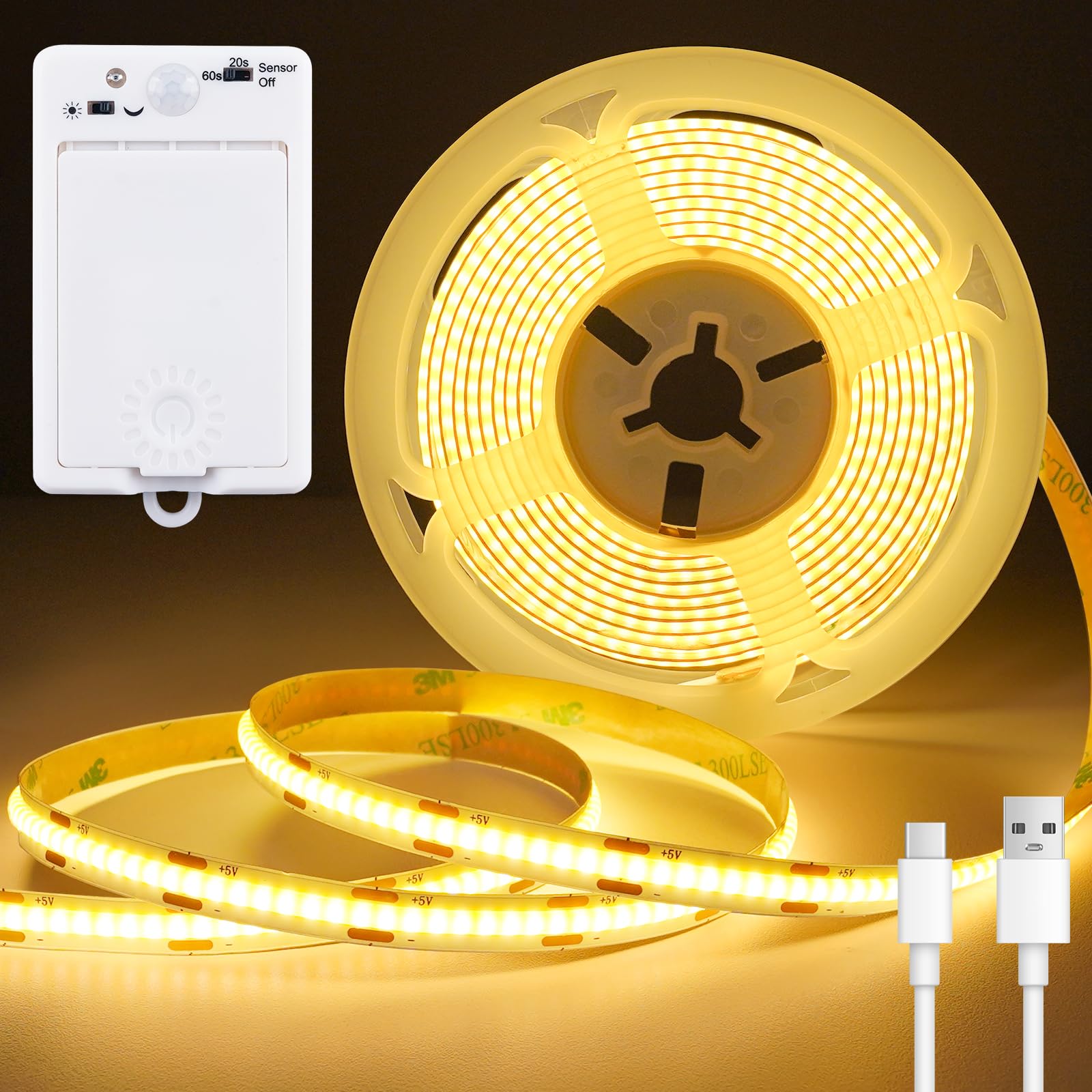 LED Streifen mit Bewegungsmelder Innen Batterie, 2M 640LEDs Licht Leiste mit 2-Modi, Led Treppenlicht Wiederaufladbare Batteriebetrieben für Kleiderschränke, Treppen, Küche, Betten (Warmweiß, 1-Stück)