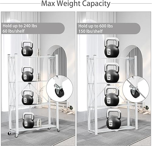 Miniatura 5 de Yuanjimi Estante de almacenamiento plegable de 4 niveles con ruedas, estantería de garaje resistente para cargas de 600 libras, estante plegable de