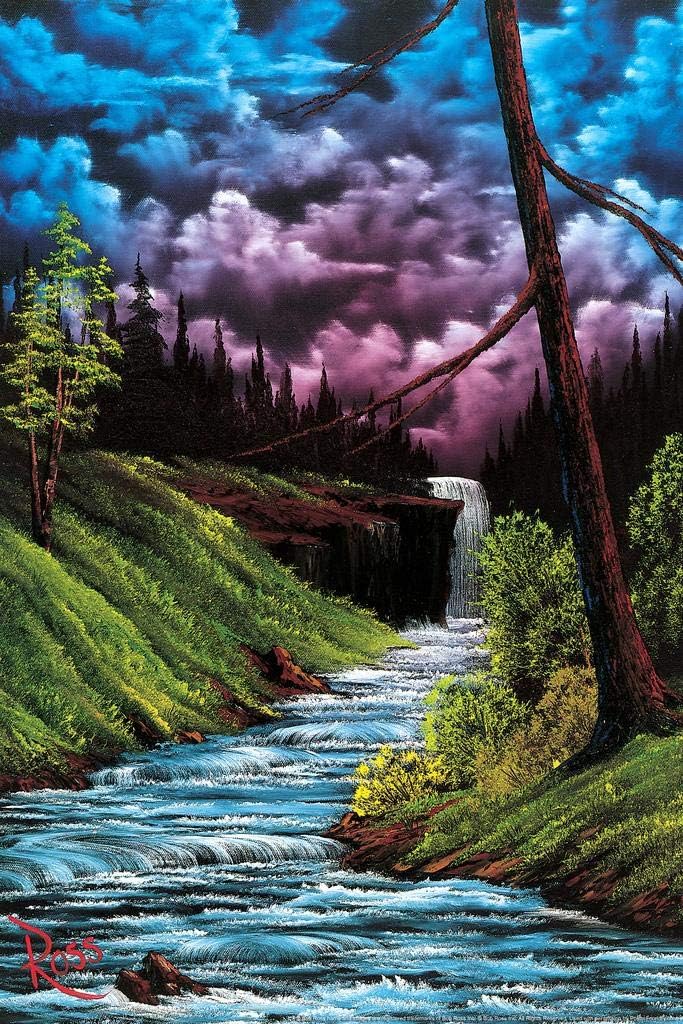 Laminated Bob Ross Painting Black Waterfall Paintings Poster Dry Erase Wall Art 24x36