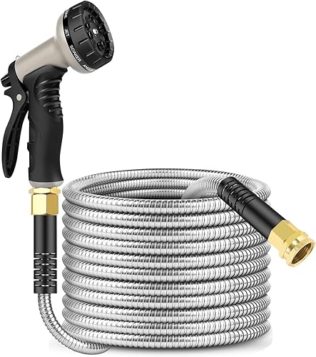 Manguera de jardín de 25 pies con boquilla, manguera de agua flexible de metal con 10 modos diferentes, manguera de acero inoxidable para automóvil,