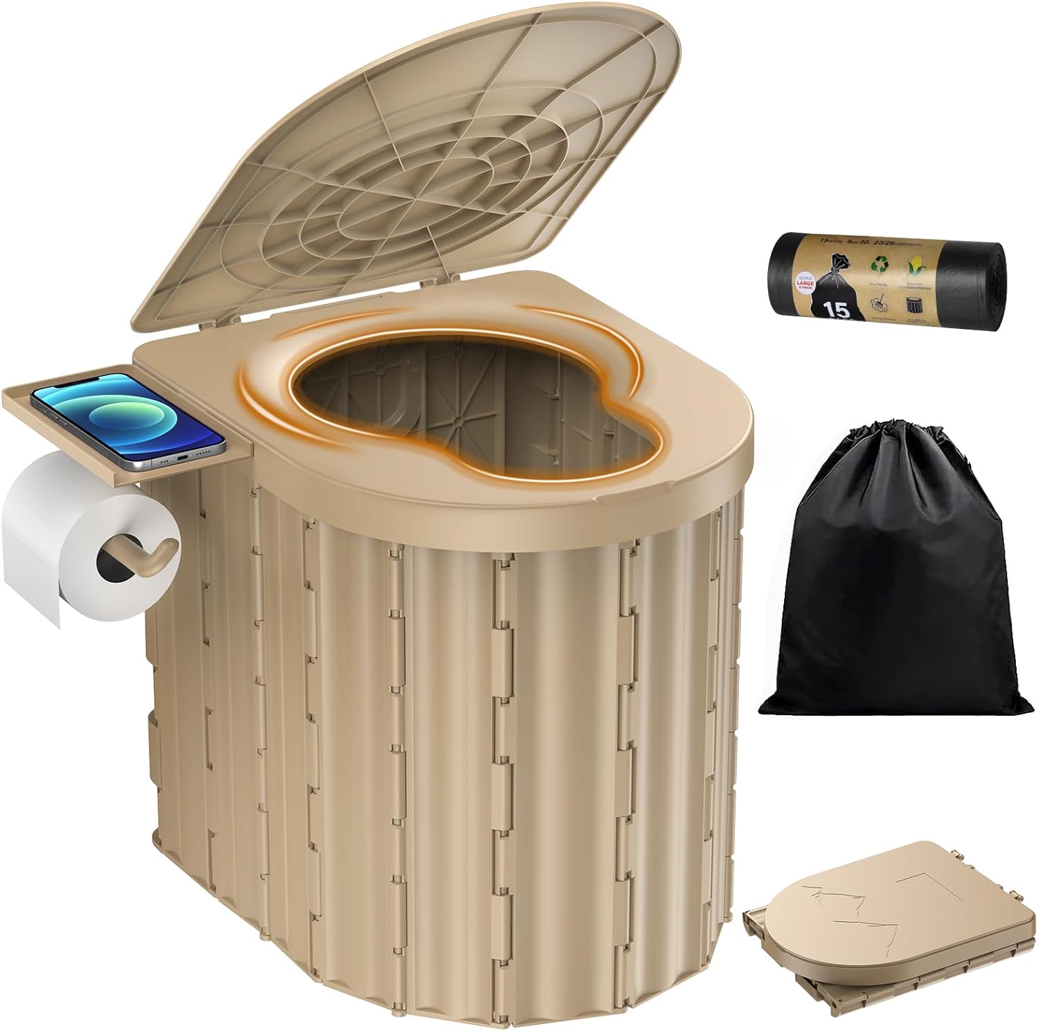 New Upgraded 15'' XL Portable Toilet for Adults, Camping Toilet Tested 500 LBS With Lid & Removable Paper Holder, Portable Potty for Truck Drivers, Camping, RV, Hiking, Car, Tent, Beach, Emergencies
