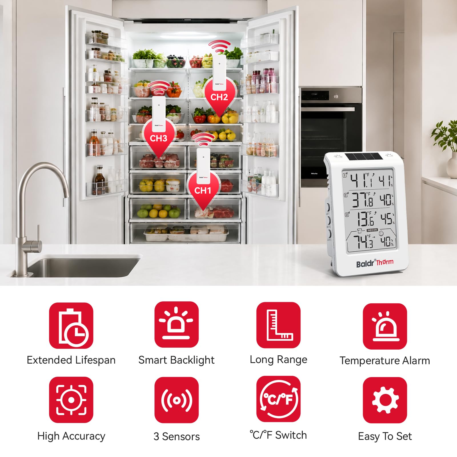 BaldrTherm Thermomètre hygromètre sans fil à trois canaux, grand écran de température et d'humidité, rétroéclairage automatique intelligent, portée de 100,6 m et alertes en temps réel pour intérieur