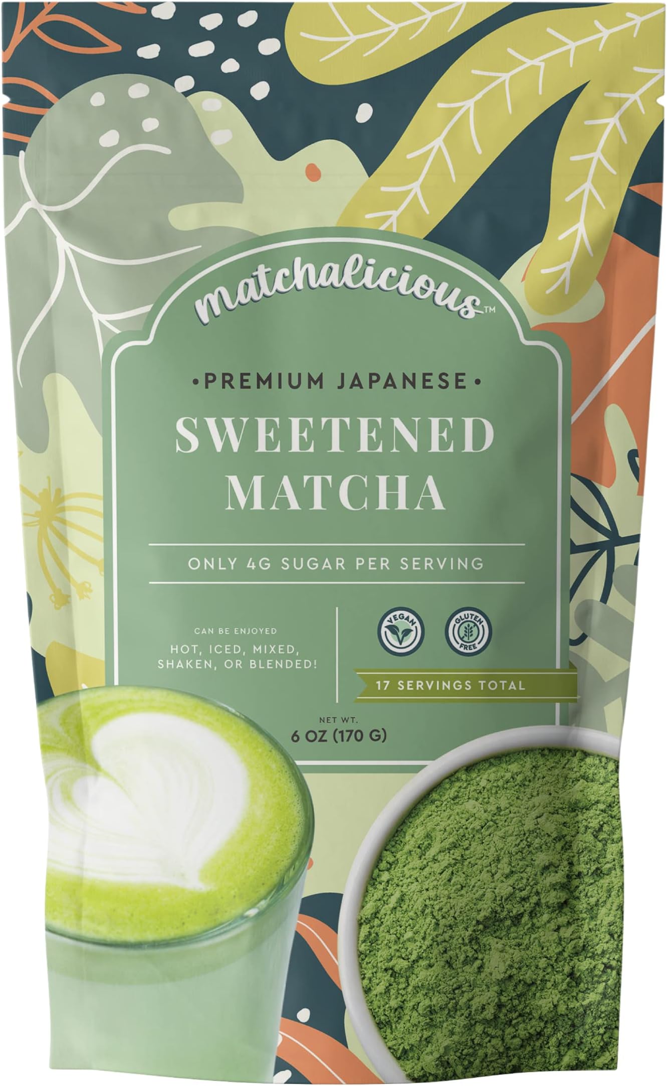 Matchalicious Japanese Matcha Powder, Sweetened Green Tea Powder Vegan, Gluten Free, Low Sugar, For Baking, Lattes, Smoothies, and Matcha Tea, Just Add Water, Dissolves Easily, 17 Servings, 6 oz