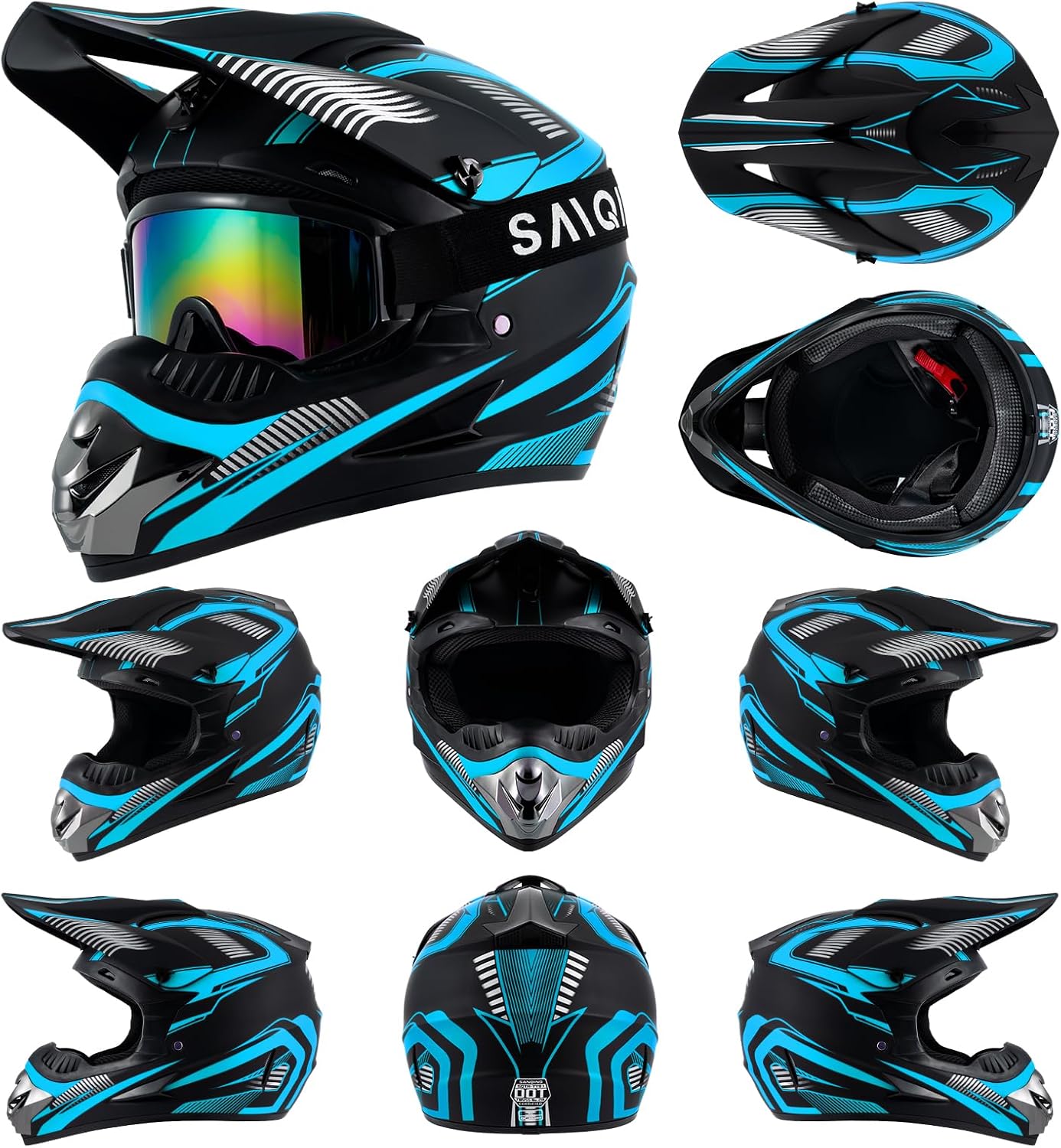 Motocross Helmet,Youth & Kids ATV Dirt Bike Motorcycle Helmet,BMX 4-Wheeler Off-Road Mountain Bike Helmet,DOT Certified,W/Gloves Goggles Mask 4-Piece Set (Blue, Medium)