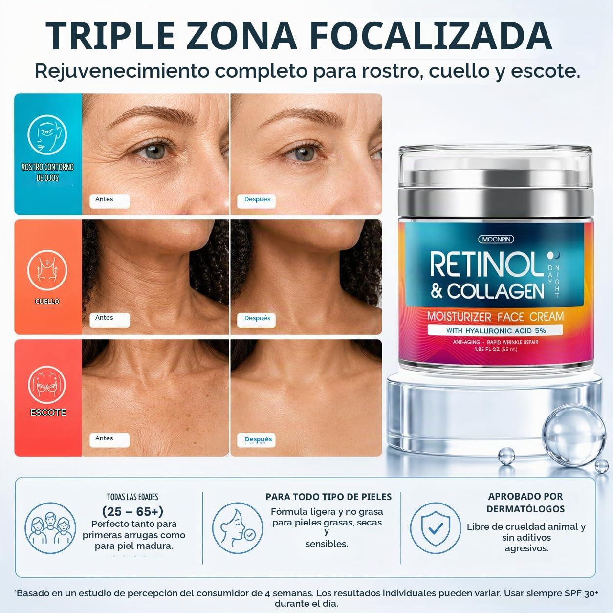 Crema de retinol para la cara con ácido hialurónico, hidratante facial de colágeno para mujeres y hombres, fórmula antienvejecimiento avanzada para levantar la piel, reduce las arrugas, las líneas