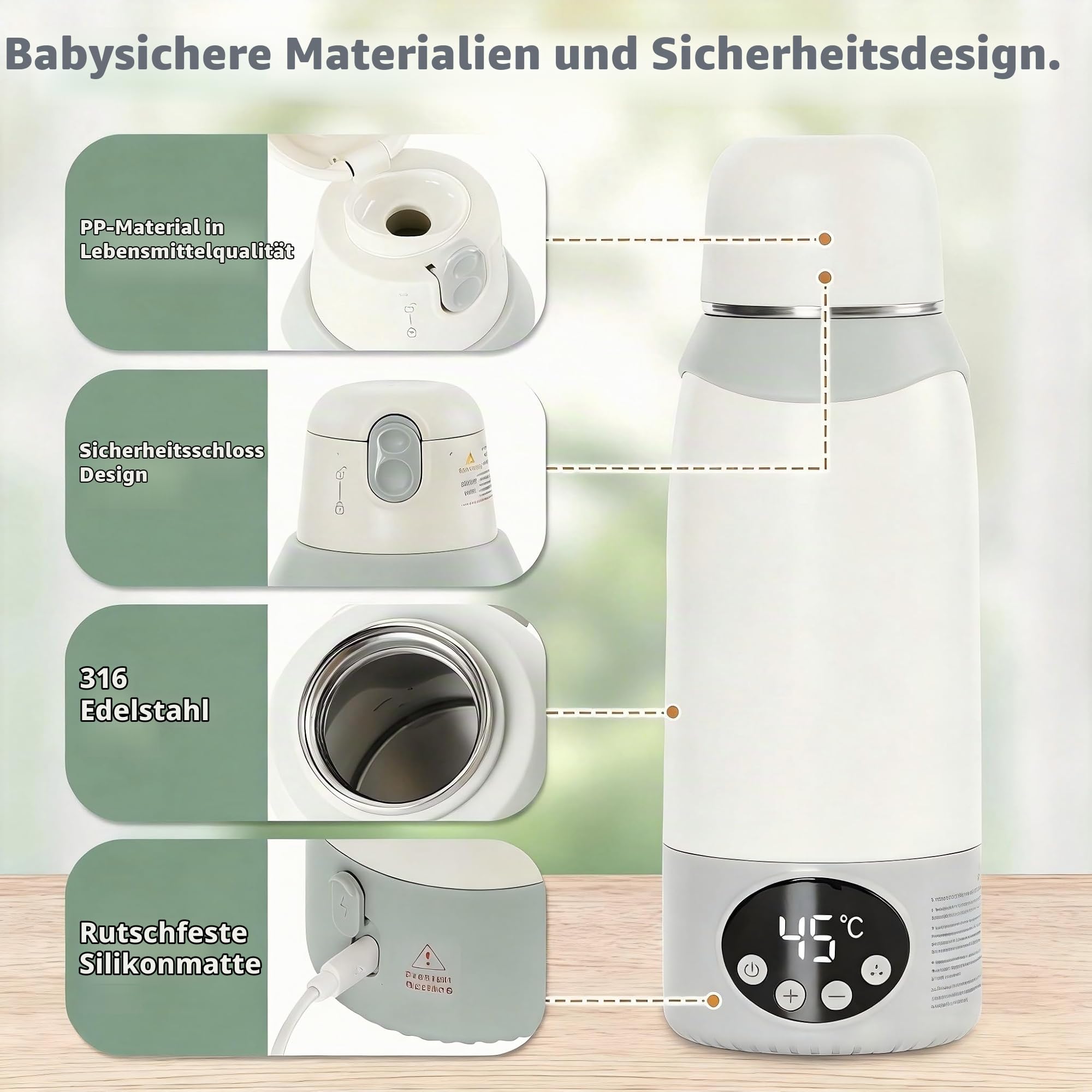 Flaschenwärmer Baby Unterwegs,Kindersicherung gegen,500ml Kapazität 12000mAh Akku, Schnelles Aufheizen 2 Min für Muttermilch&Wasser,cremefarben