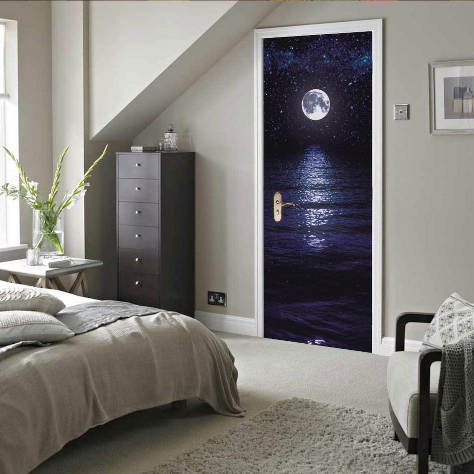 Adesivo Murale 3D Luna Piena Sull'Oceano: Pellicola Per Porte Interni 77x200 Cm