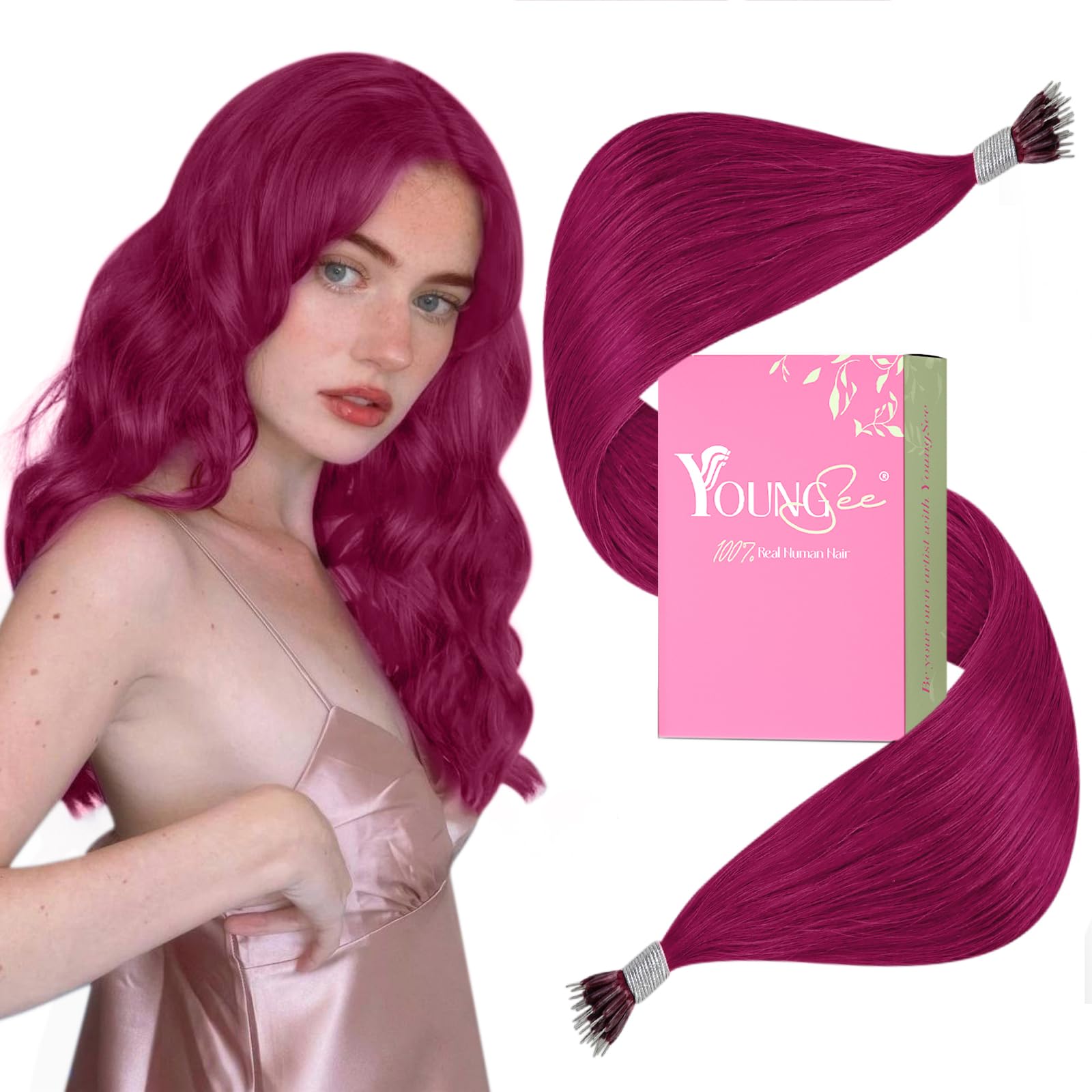 YoungSee Nano Ring Hair Extensions Human Hair Magenta Nano Bead Human Hair Extensions Burgundy Nanobead Hair Extension Colored Nano-Tip Hair Extension