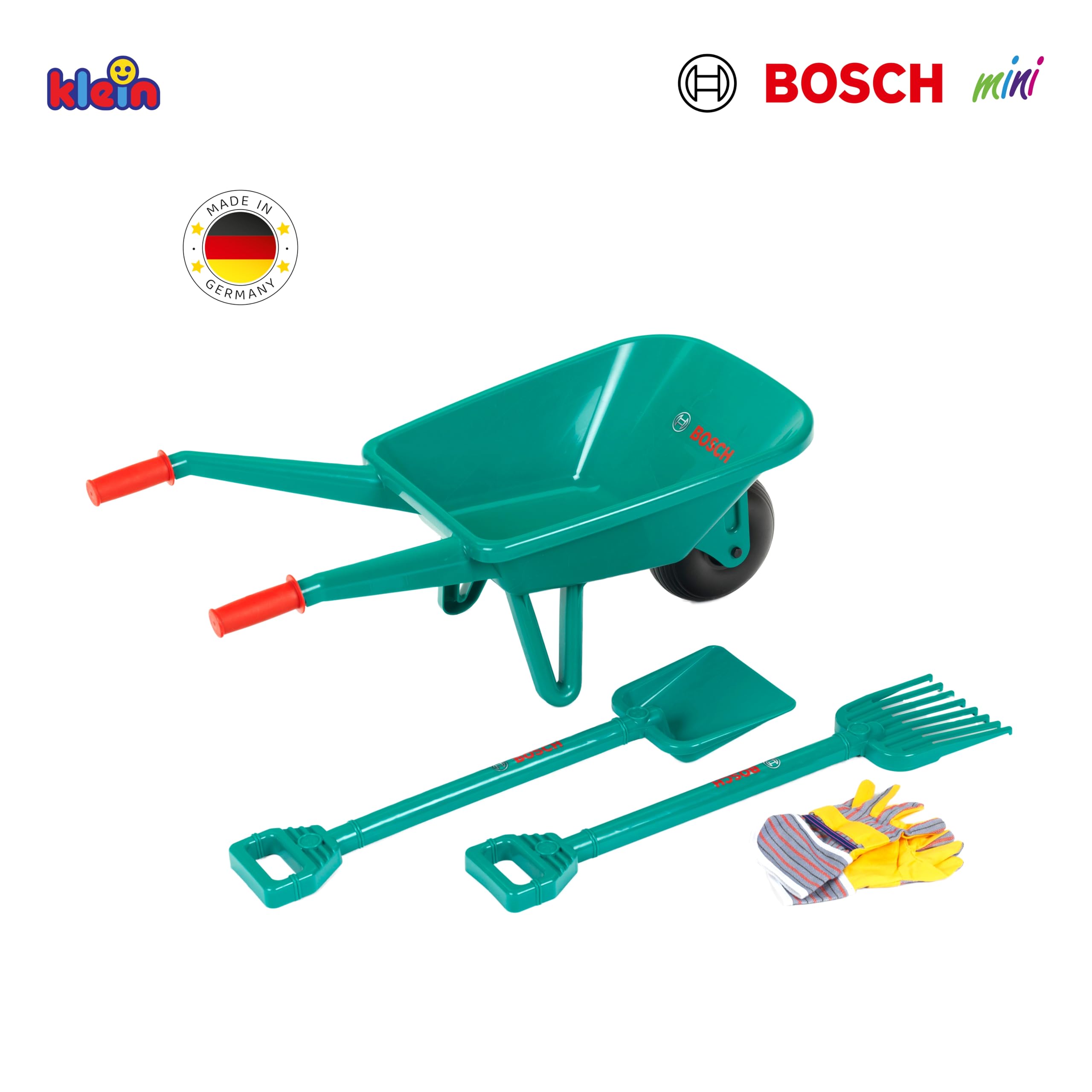 Theo Klein 2752 Bosch Zestaw Ogrodowy z Taczką, Szufelką, Grabiami i Rękawicami Roboczymi, Zielony, 71 x 33 x 33cm