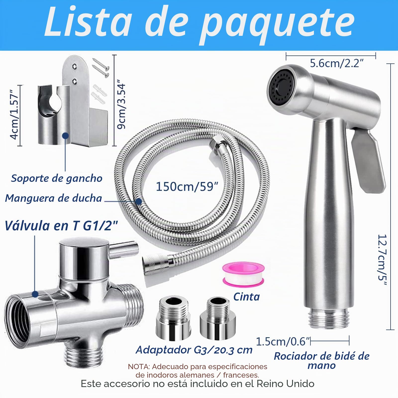Kit de ducha para inodoro y aseo higiénico, kit de ducha Pulido con válvula de 3 vías (1/2"-3/8") - Ducha para higiene íntima (Plata)