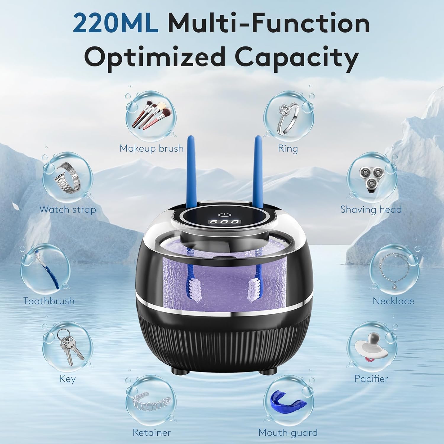 Ultrasonic Retainer Cleaner Machine, 48kHz Dental Cleaning Pod for Night Guards, Mouth Guards, Aligner, Braces, Toothbrush, Jewelry, Ultrasonic Dentures Cleaner with Digital Timer, 220ML, Black - Image 5
