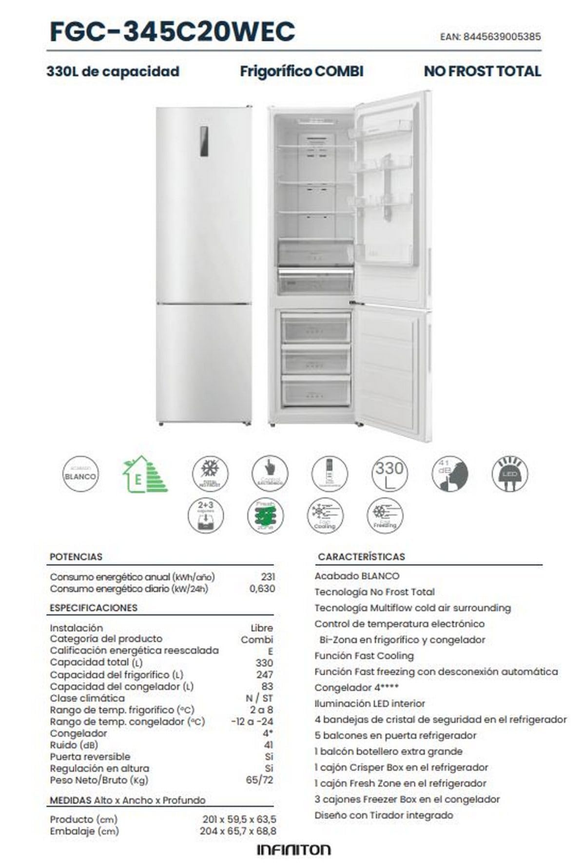 Frigorifico Combi Infiniton FGC-345C20WEC, 330 Litros, 201 cm, E, No Frost Total, LED Interior, Blanco