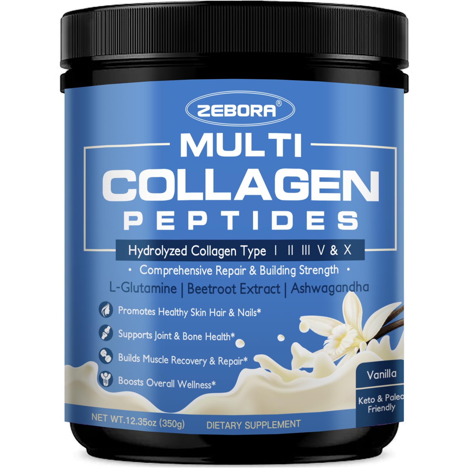 ZEBORA Vanilla Multi Collagen Peptides Powder for Women & Men, 35 Servings 12.35 Ounce (Pack of 1)