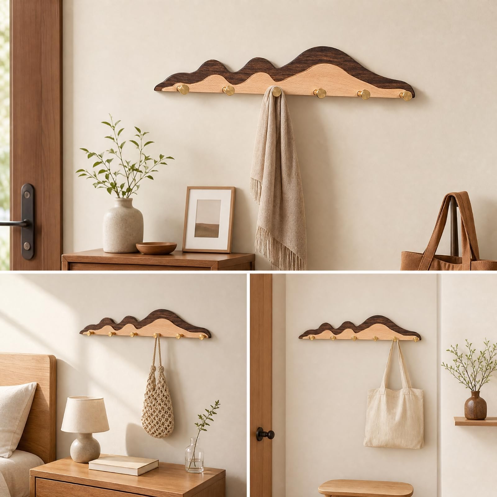KESOTO Porte-Manteau Mural En Bois Sinueux Gain Patère Murale s Métalliques Polyvalent Patère En Bois Massif Naturel, 6 Crochets