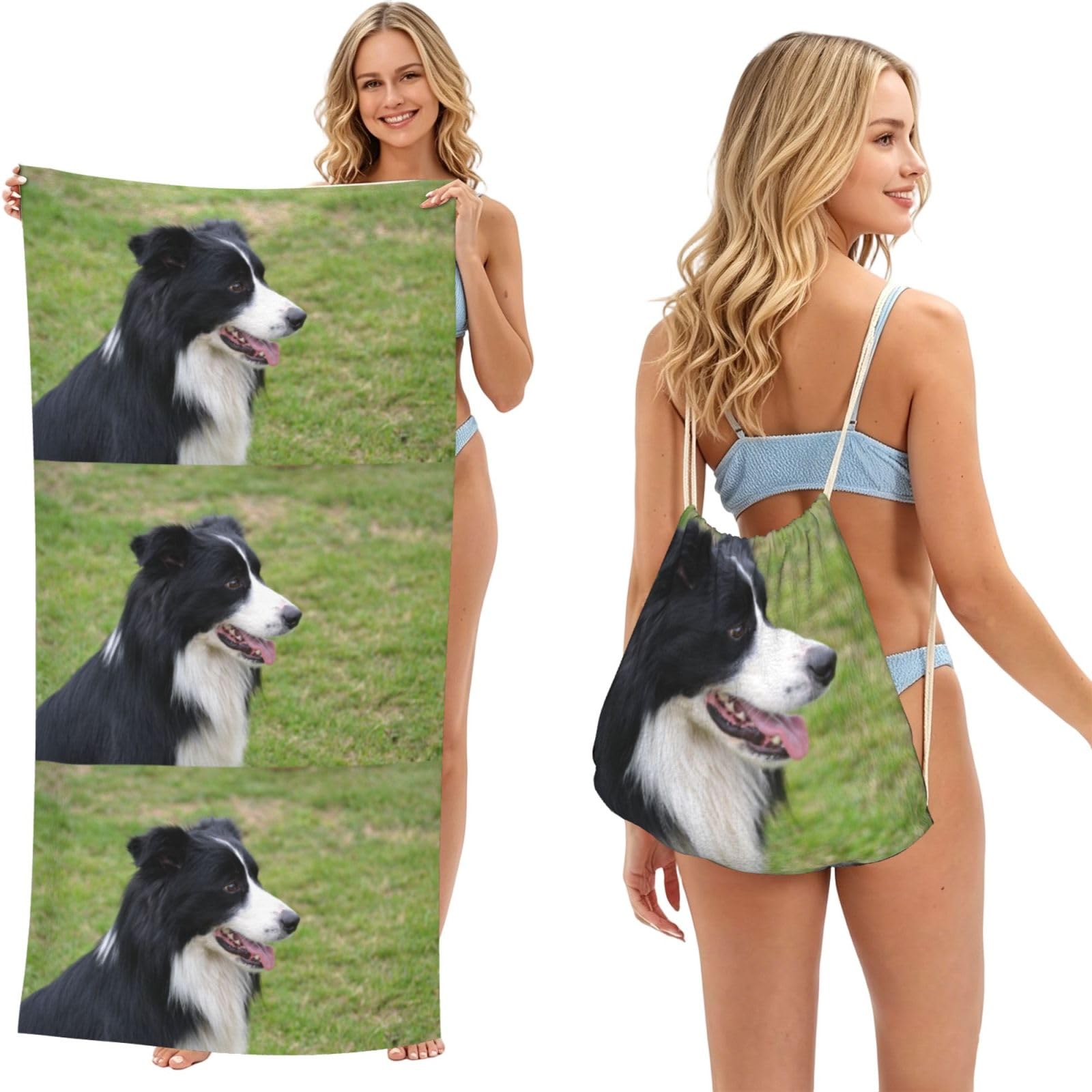 Poadnly As Picture Border Collie, 2 In 1 Packable Towel Bag, Beach Towels With Drawstring Backpack For Travel Holiday Camping