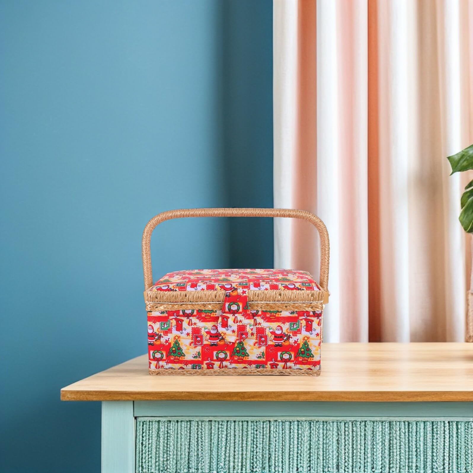 GALPADA Cesta de Costura Portátil Grande con Bordado Navideño Cesta para Accesorios de Costura y Telas Organizador con Asa Resistente para Almacenamiento y Transporte