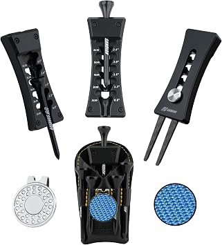 SANDIAN, All-in-1 Value Pak, Adjustable Golf Tee Height Setter with Divot Tool, Genuine Carbon Fiber Made Pitchfork, Super Lightweight, T800 Ball Marker, Hat Clip, Tees, Leather Holster, Zipper Case