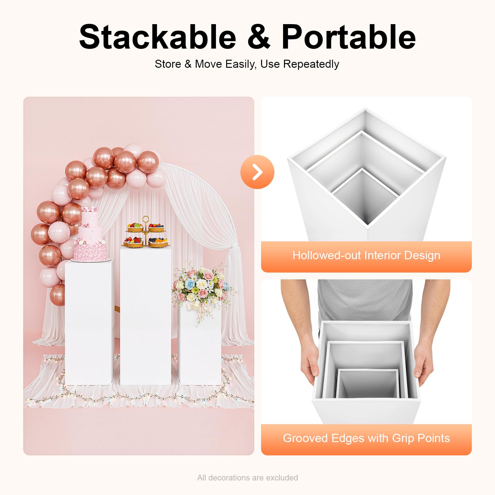 Espositore quadrato con piedistallo, 3 pezzi, versatile supporto per feste per eventi, scultura artistica, adatto per matrimoni, compleanni e addio al nubilato