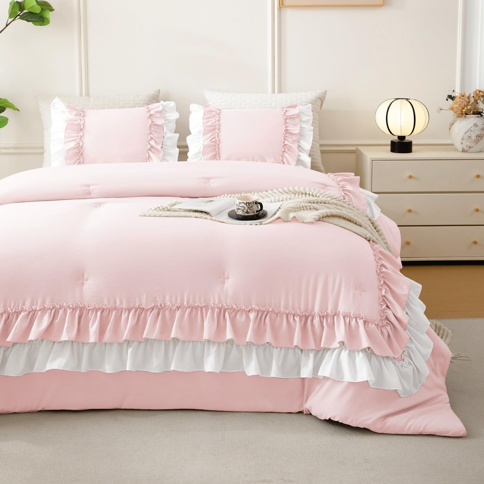 QSH 3PCs Blush White Comforter Full with Ruffles,Farmhouse Shabby Boho Chic Pink Coquette Bedding Comforter Set Full Size (80"x90") Ultra Soft Microfiber Lightweight Vintage Bed Set with Pillow Shams
