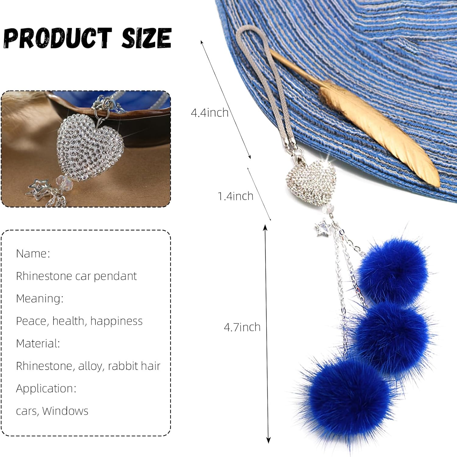 Bling Car Mirror Accessories for Women, Rhinestone Diamond Love Heart & Pink Plush Ball Decor Ornament Pendant, Car Rear View Mirror Hanging Charm Pendant, Lucky Hanging Accessories (Dark Blue) image 2