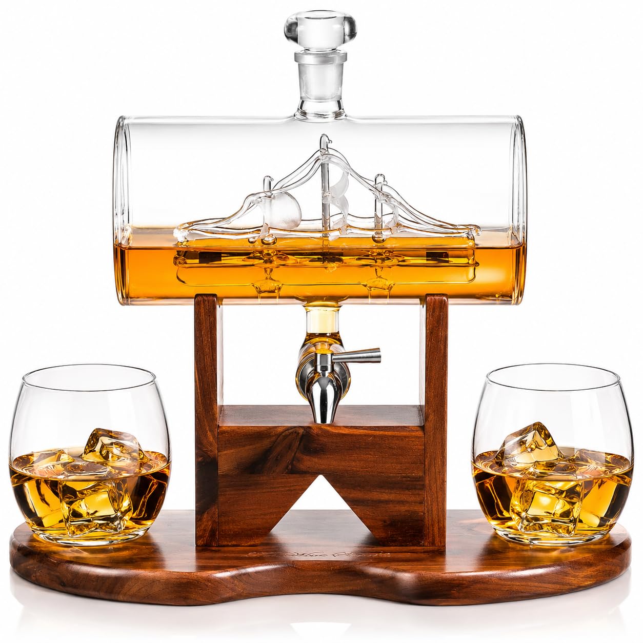 The Wine Savant Carafe à décanter pour vin et whisky, 1250 ml avec 2 verres à whisky et beau support cadeau pour papa, mari ou petit ami